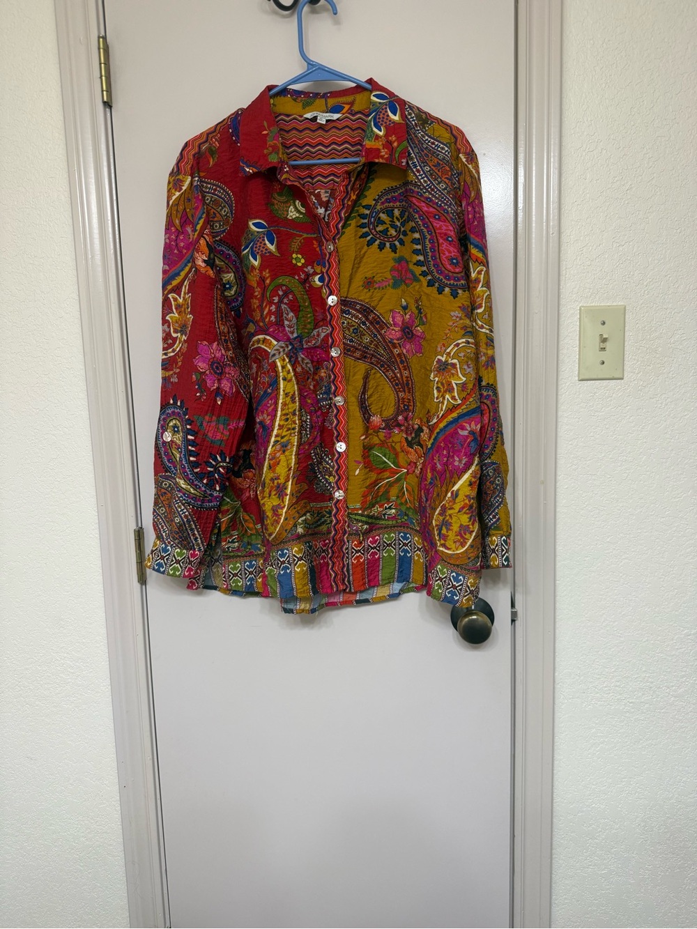 John Mark Multicolor Paisley Button-Up Blouse – Red, Mustard, Pink